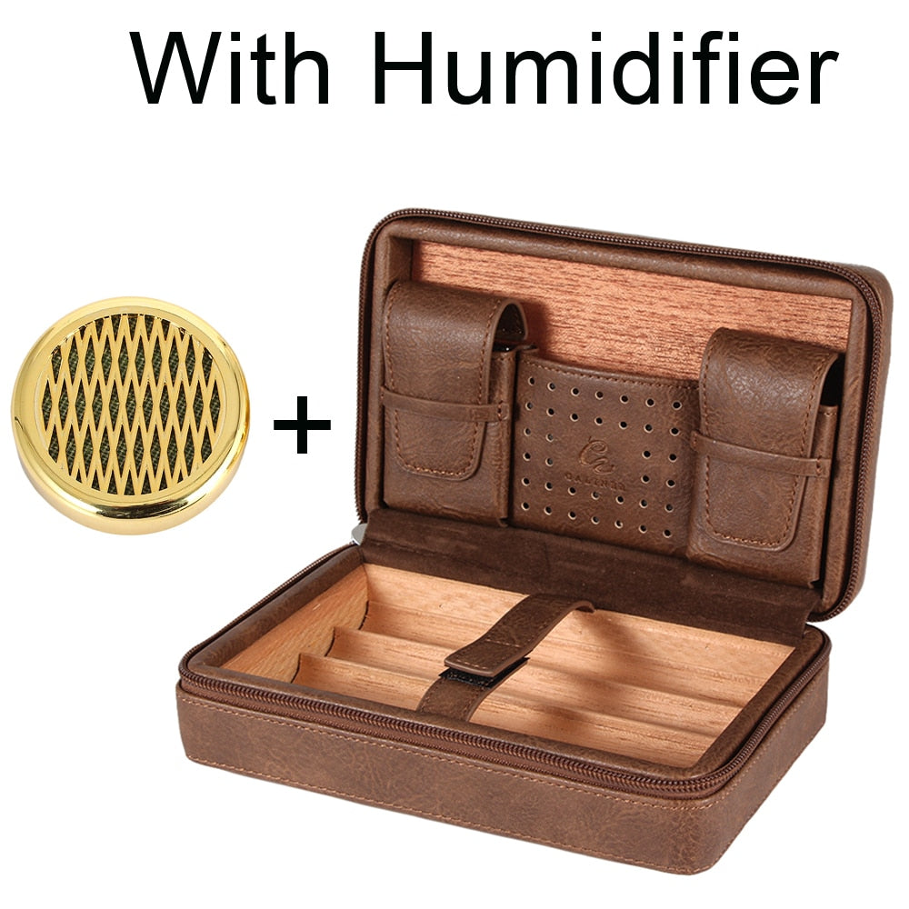 GALINER Travel Humidor Leather Cigar Case W/ Humidity Pack Humidifier Cedar Wood 4 Tube Cigar Humidor Box