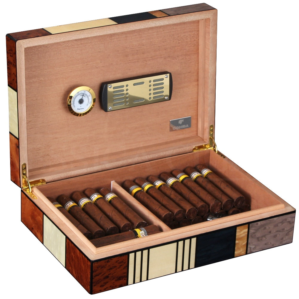 COHIBA Humidor Cedar Wood Large Capacity Glossy Home Cigar Humidor Box W/ Magnet Hygrometer Humidifier Cigar Box