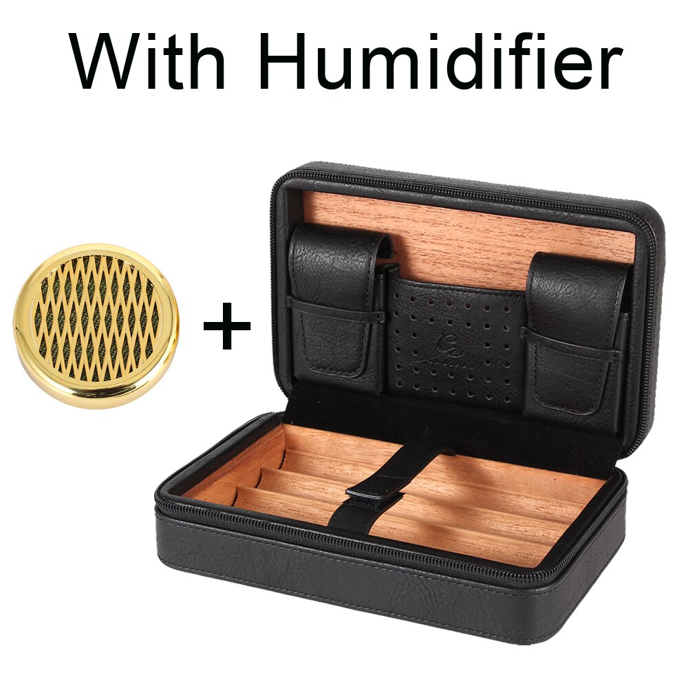 GALINER Travel Humidor Leather Cigar Case W/ Humidity Pack Humidifier Cedar Wood 4 Tube Cigar Humidor Box