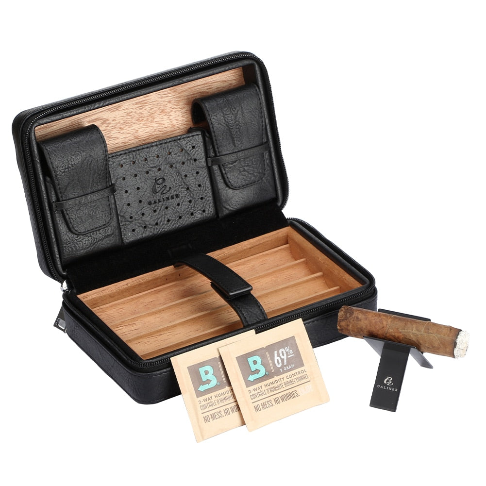 GALINER Travel Humidor Leather Cigar Case W/ Humidity Pack Humidifier Cedar Wood 4 Tube Cigar Humidor Box