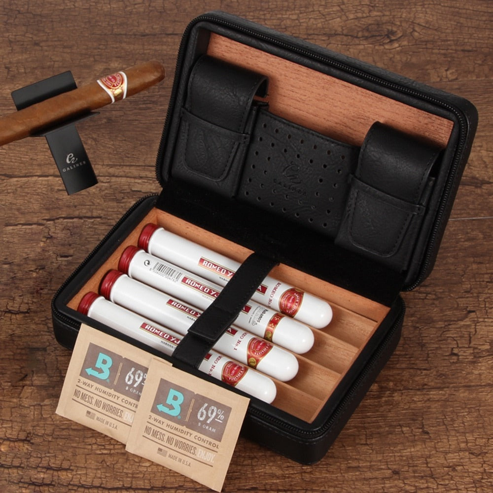 GALINER Travel Humidor Leather Cigar Case W/ Humidity Pack Humidifier Cedar Wood 4 Tube Cigar Humidor Box