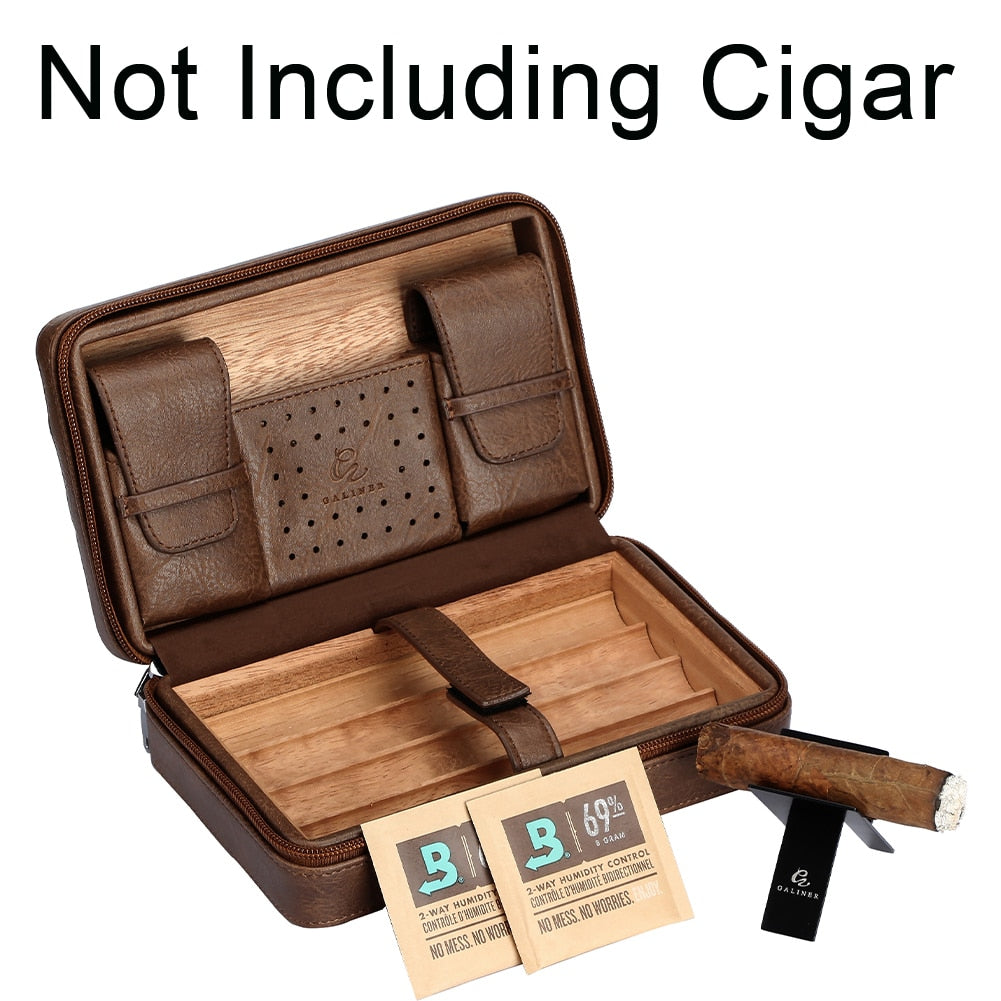 GALINER Travel Humidor Leather Cigar Case W/ Humidity Pack Humidifier Cedar Wood 4 Tube Cigar Humidor Box