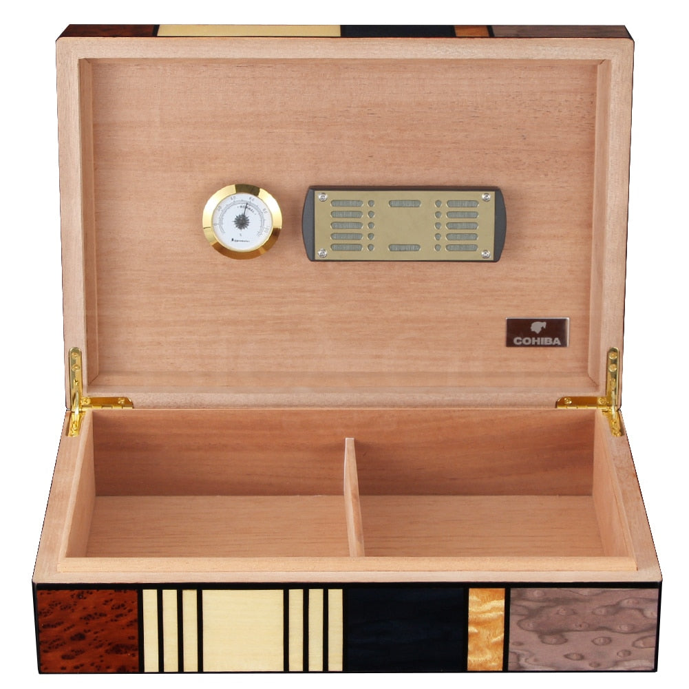 COHIBA Humidor Cedar Wood Large Capacity Glossy Home Cigar Humidor Box W/ Magnet Hygrometer Humidifier Cigar Box