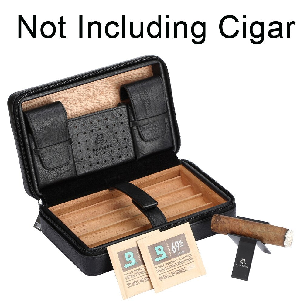 GALINER Travel Humidor Leather Cigar Case W/ Humidity Pack Humidifier Cedar Wood 4 Tube Cigar Humidor Box