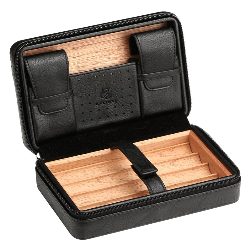 GALINER Travel Humidor Leather Cigar Case W/ Humidity Pack Humidifier Cedar Wood 4 Tube Cigar Humidor Box